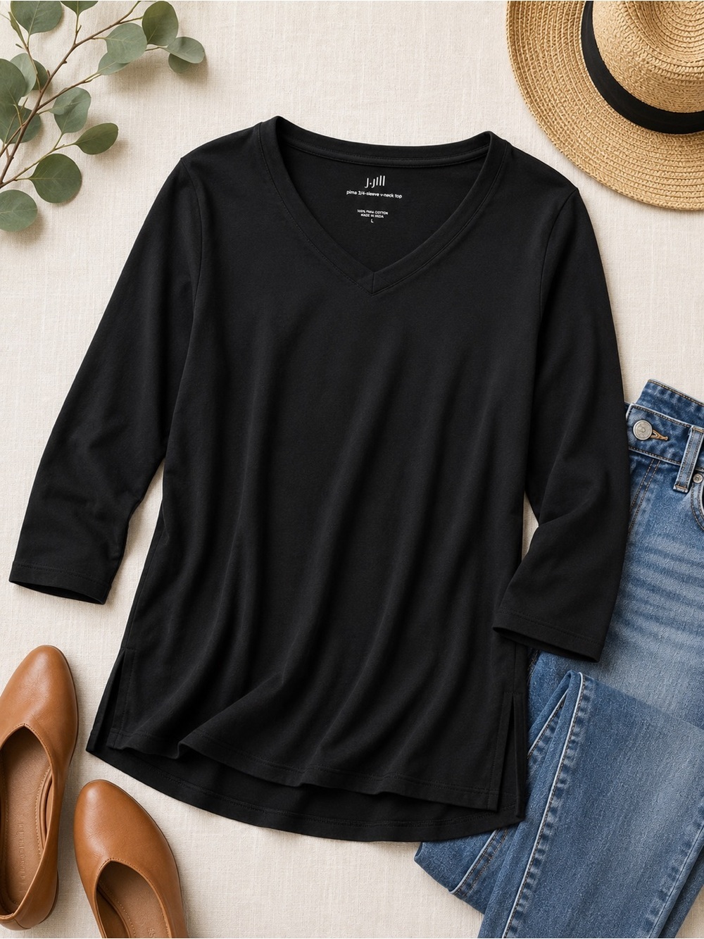J.Jill | Black Pima Cotton 3/4 Sleeve V-Neck Top | Relaxed Fit | Large - Picture 2 of 7